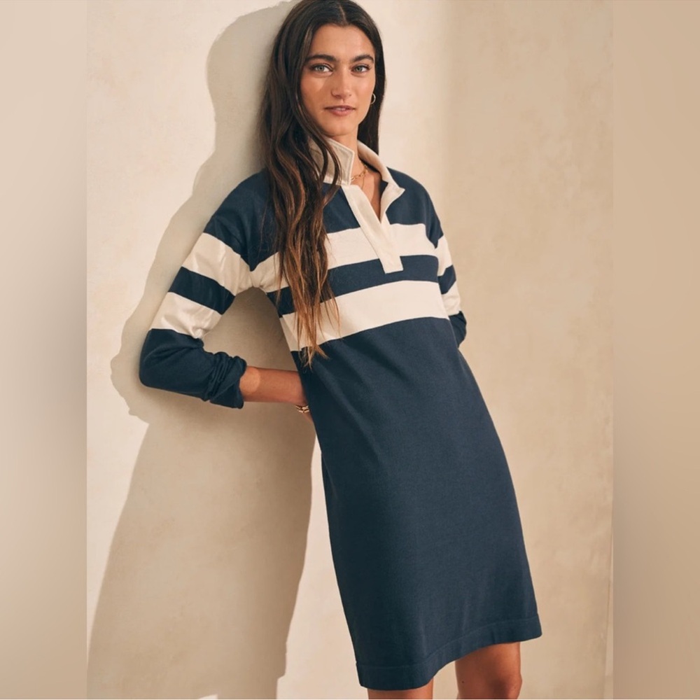 Faherty Navy and Cream Long Sleeve Dress